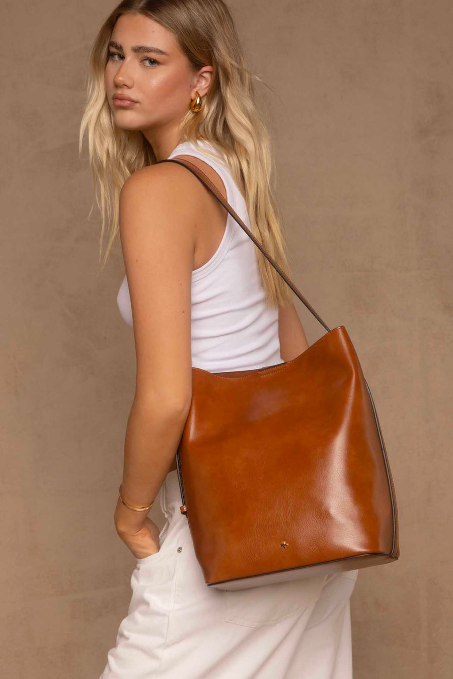 PETA + JAIN - Asher Buckle Bag in Tan PU/Gold