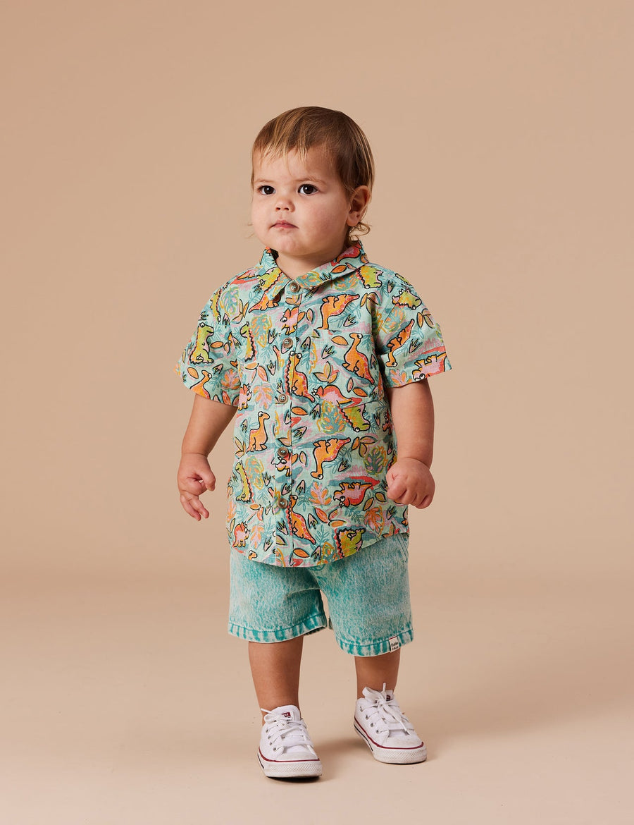 GOLDIE + ACE - Holiday Linen Shirt in Dino Jungle in Sea Foam