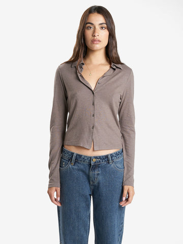 THRILLS - Hemp Collared Long Sleeve Shirt in Light Canteen