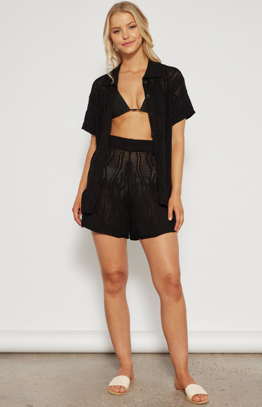 W&C - Crochet Knit Shirt + Short Set in Black